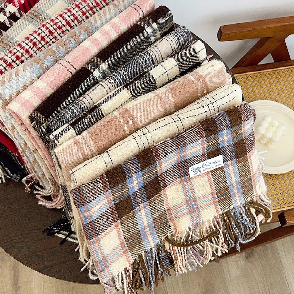 冬日氛围感格纹系列围巾女秋冬季仿羊绒韩系学生情侣保暖流苏围脖