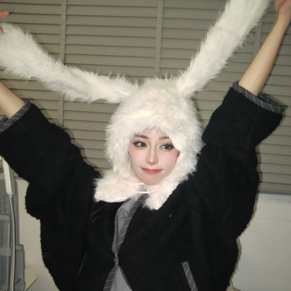 迪丽热巴同款毛绒邦尼兔耳朵保暖护耳套头帽女秋冬季帽子围巾一体,淘宝优惠券,粉丝福利购,淘宝优惠卷