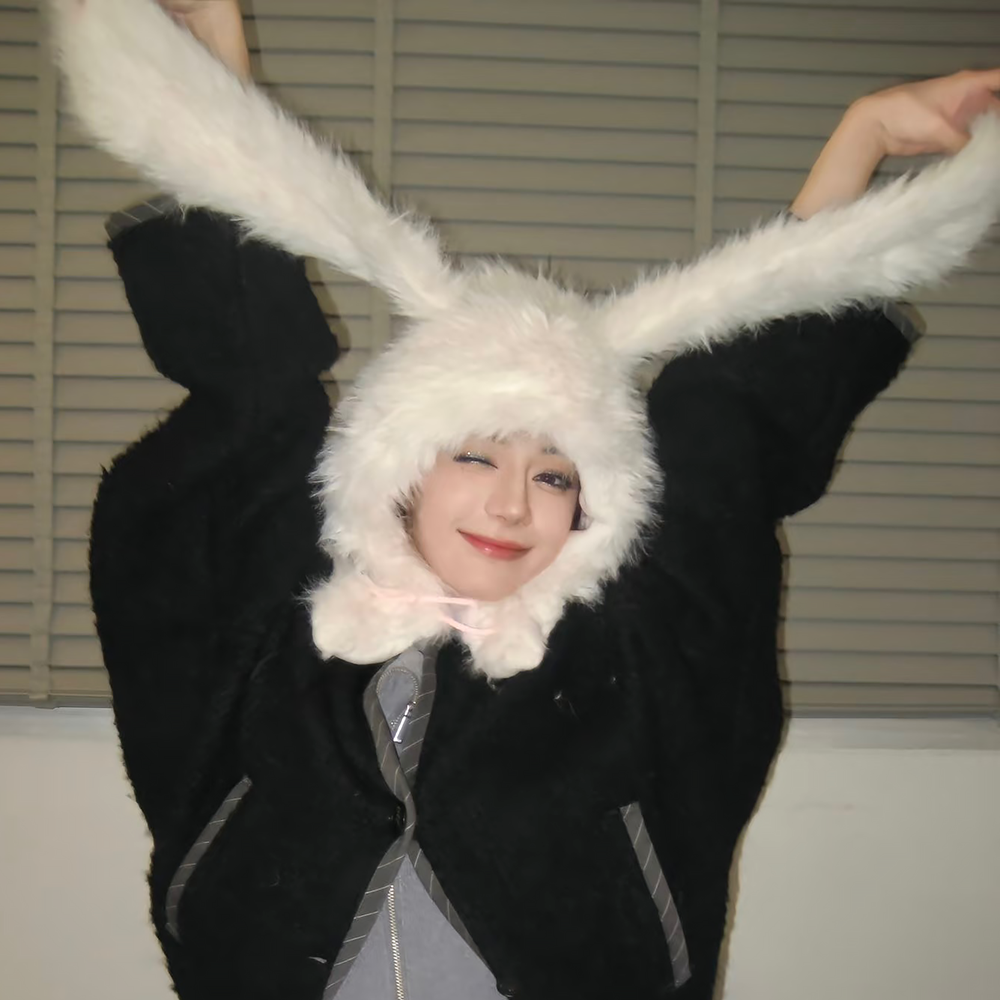 迪丽热巴同款毛绒邦尼兔耳朵保暖护耳套头帽女秋冬季帽子围巾一体,淘宝优惠券,粉丝福利购,淘宝优惠卷