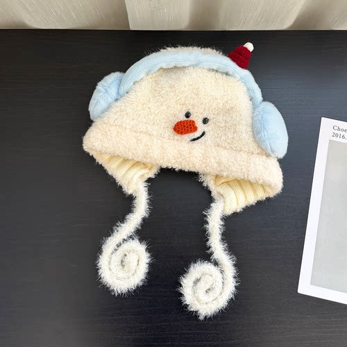 可爱耳机雪人毛绒针织护耳帽子女冬季保暖防风绑带套头帽雷锋帽潮 - 图1