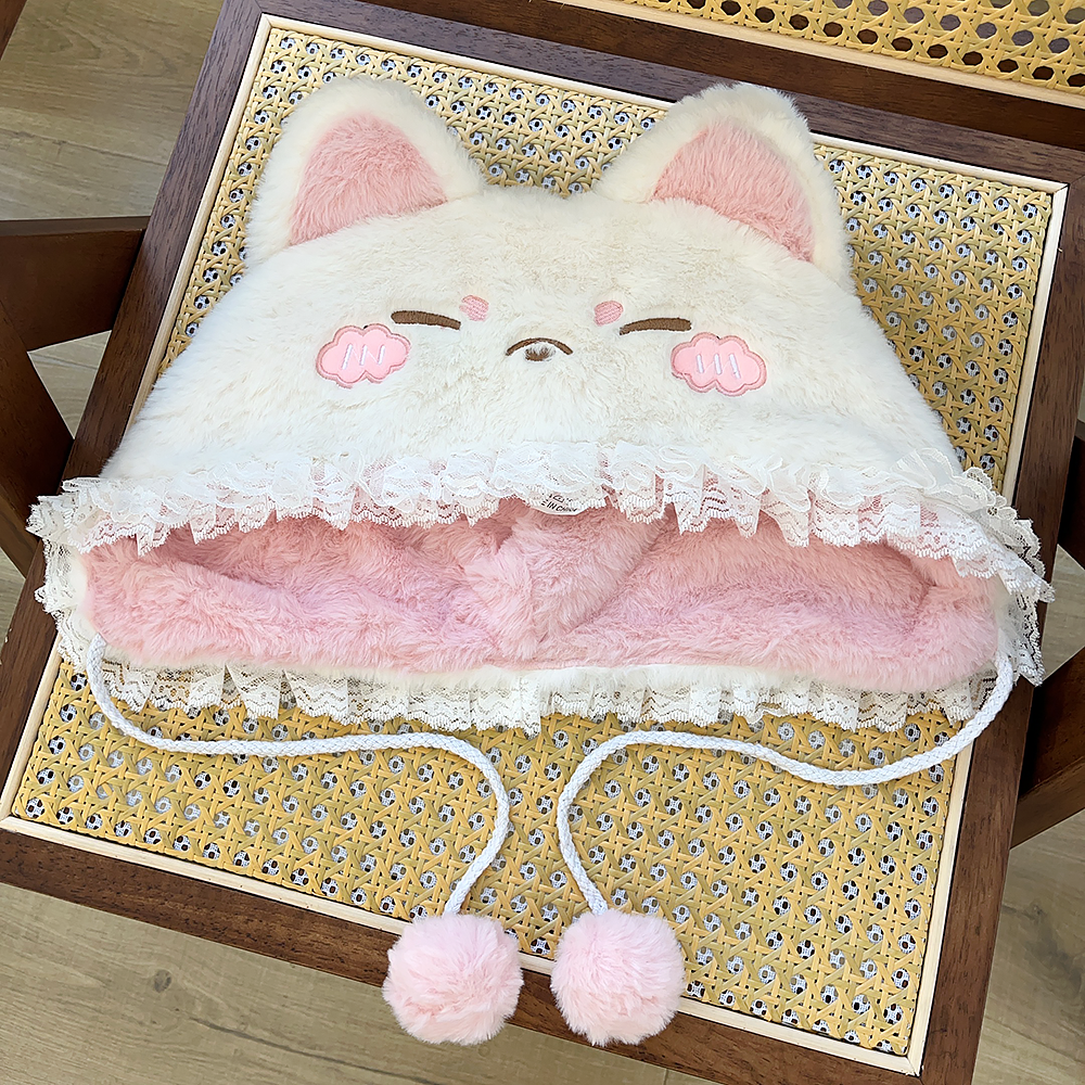日系可爱猫耳朵蕾丝毛绒雷锋帽子女秋冬季骑行保暖护耳帽套头帽潮,淘宝优惠券,粉丝福利购,淘宝优惠卷