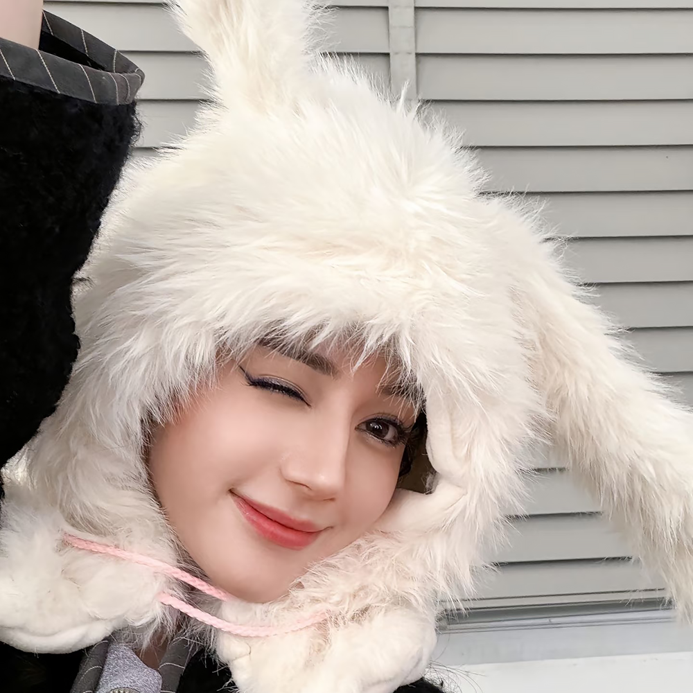 迪丽热巴同款毛绒邦尼兔耳朵保暖护耳套头帽女秋冬季帽子围巾一体,淘宝优惠券,粉丝福利购,淘宝优惠卷