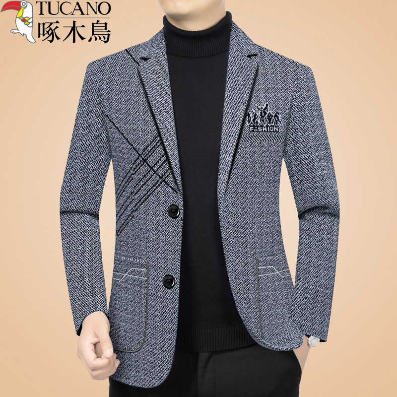 啄木鸟正品休闲西装外套男士2026春秋新款中年高级感西服秋冬上衣