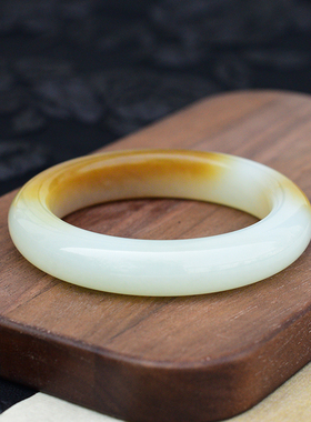 新疆天然和田玉糖白玉手镯女款小圈口美人镯53mm糖白分明带证书