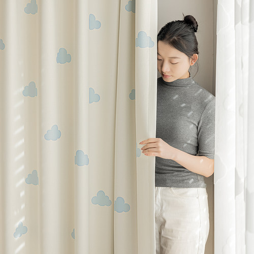 法欧雅韩式ins风乐丽棉蓝色云朵高遮光窗帘卧室儿童房北欧奶油系 - 图0
