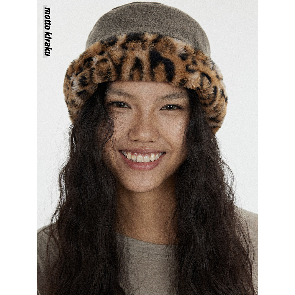 MottoKiraku 原创可双面戴时髦秋冬氛围感豹纹平顶帽盆帽渔夫帽,淘宝优惠券,粉丝福利购,淘宝优惠卷