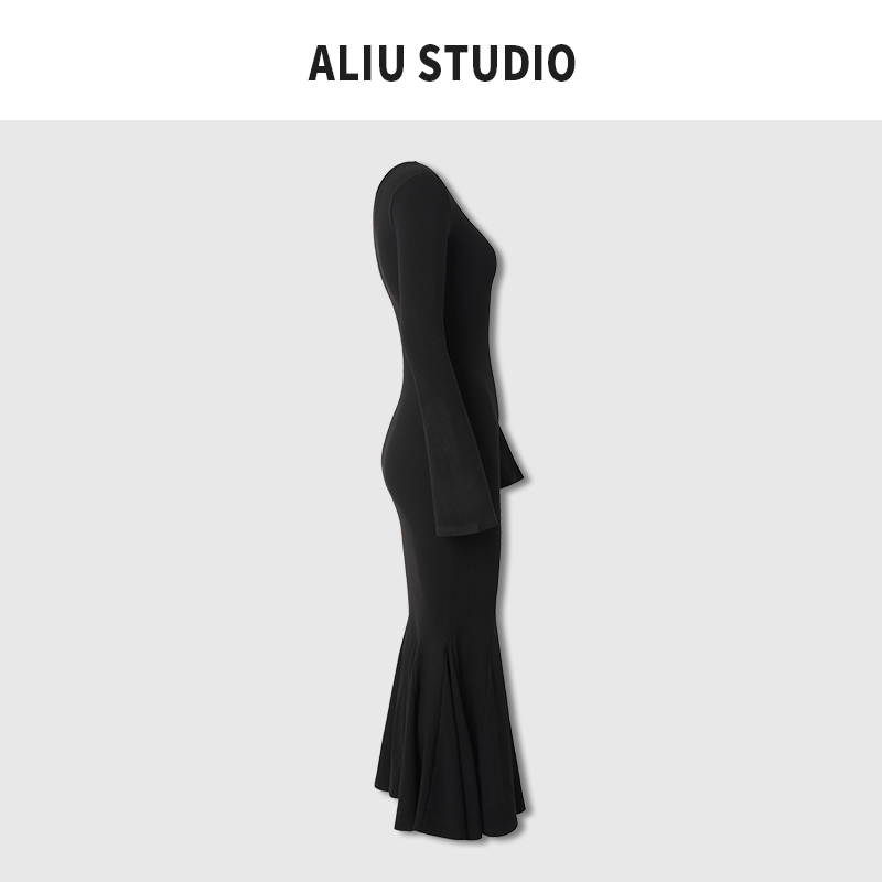 ALIU STUDIO步步生莲欧美风ins超显身材鱼尾长袖连衣裙性感辣妹-图3