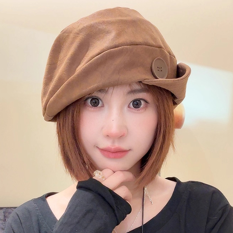 日系复古文艺风简约纽扣八角帽子女2025新款大头围显脸小报童帽潮 - 图0