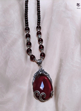 天然石榴石纯银长款项链毛衣链
