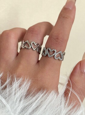 韩版设计款银色金属微镶锆石叠戴指环 ins轻奢百搭爱心十字架戒指