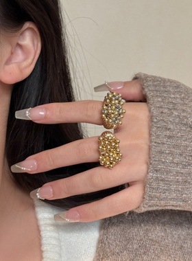 欧美风金属圆珠球串串手工戒指个性高级感圆珠球宽版辣妹串珠指环