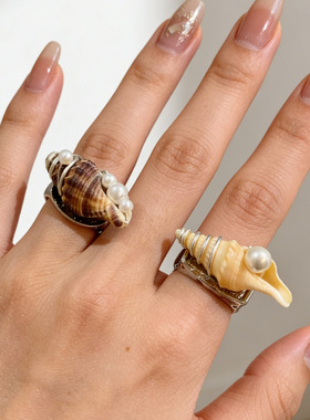 原创小众设计海洋风天然贝壳海螺戒指 ins高级感度假手工珍珠指环