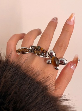 美拉德ins风天然虎眼石串珠戒指复古轻奢开口叠戴指环戒子冷淡风