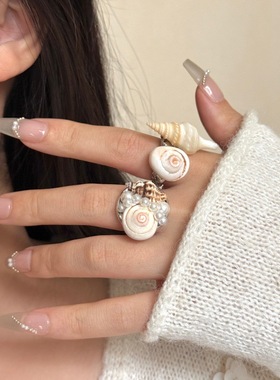 海洋风手工镶嵌珍珠天然贝壳海螺开口戒指 ins复古沙滩风叠戴指环