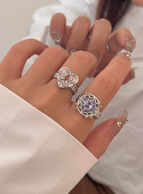 复古微镶宝石古法镀金食指戒轻奢高级感个性小众设计感爱心钻戒指