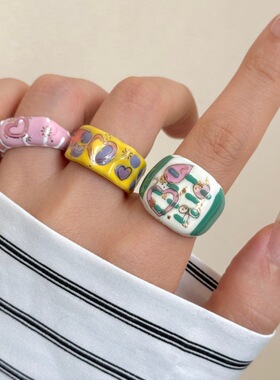 甜酷Y2K手工珐琅釉彩色滴油戒指 时尚百搭不规则爱心开口指环饰品