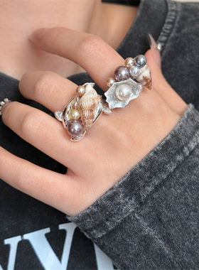 海洋风手工镶珍珠金箔贝壳叠戴指环戒女 ins百搭沙滩海螺开口戒指