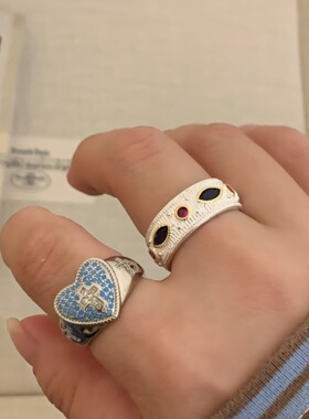 韩版博主同款 蓝色伊甸/设计十字架蕾丝指环小众彩锆开口叠戴戒指