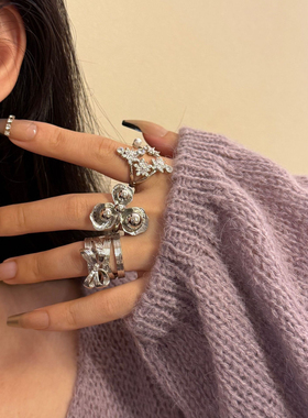 韩版小众设计金属宽版蝴蝶结圆珠球开口戒指 ins冷淡风气质指环戒