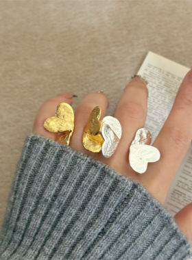 欧美ins风金属指纹古银做旧爱心戒指女蝴蝶开口复古叠戴指环戒子