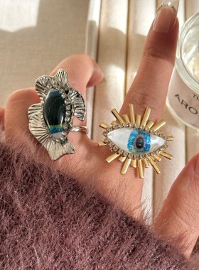 金属质感恶魔之眼手工镶钻叠戴指环戒 ins个性冷淡风太阳眼睛戒指