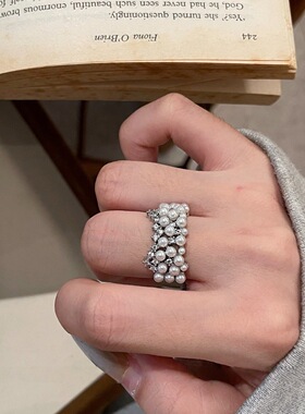 多层珍珠戒指女小众设计食指戒奢华皇冠时尚开口可调节指环