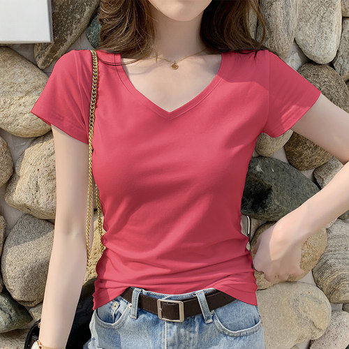 暗紫色棉质短袖t恤女v领黑色上衣2026夏季鸡心领设计感打底体恤潮 - 图3