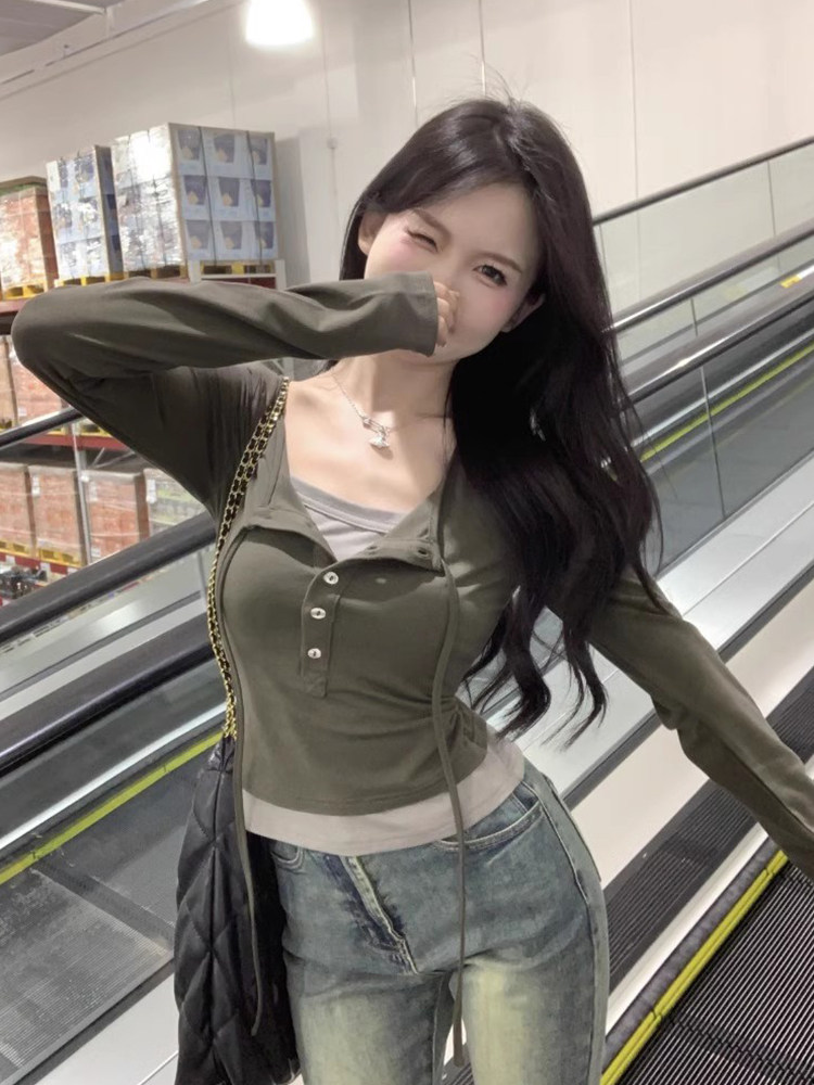 美式复古辣妹短款修身上衣打底衫女秋冬设计感假两件长袖T恤内搭,淘宝优惠券,粉丝福利购,淘宝优惠卷