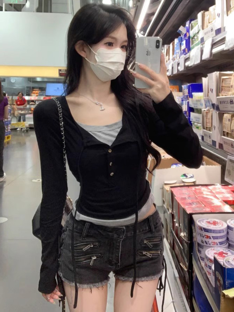 美式复古辣妹短款修身上衣打底衫女秋冬设计感假两件长袖T恤内搭,淘宝优惠券,粉丝福利购,淘宝优惠卷