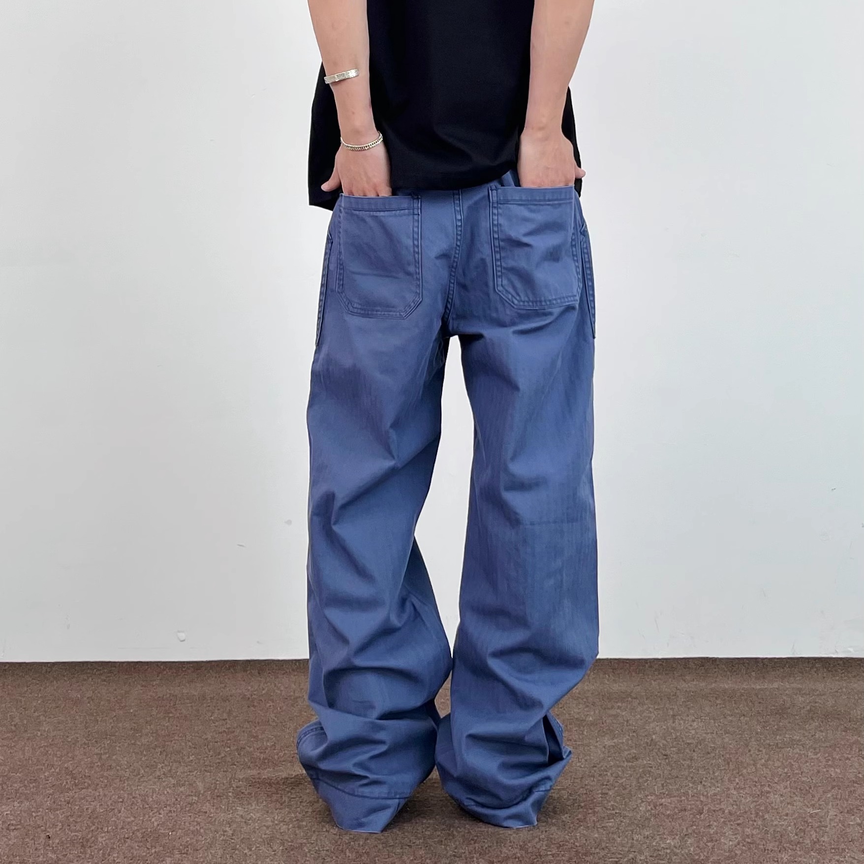 SWAG美式蓝色法工裤男女宽松直筒微喇拖地休闲cleanfit工装牛仔裤 - 图1