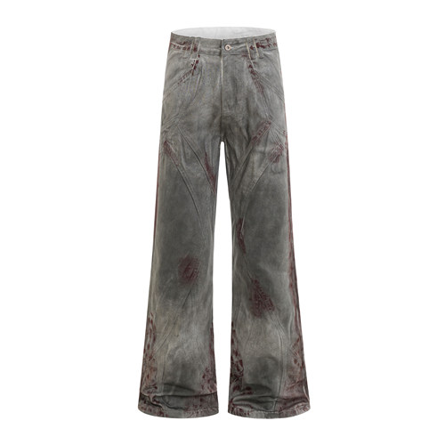 SWAG血色脏染水洗做旧擦色脏染结构牛仔裤cleanfit小众微喇裤男女 - 图3