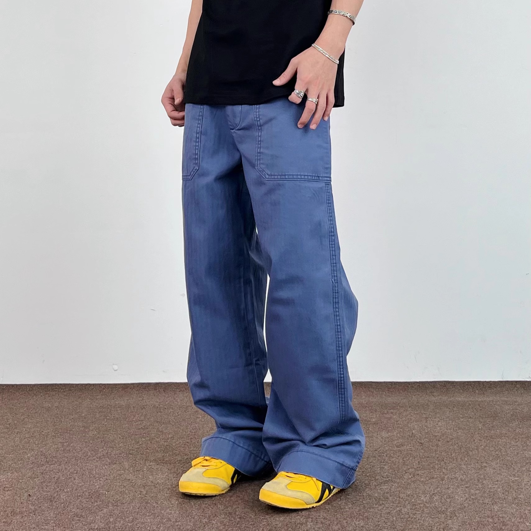 SWAG美式蓝色法工裤男女宽松直筒微喇拖地休闲cleanfit工装牛仔裤 - 图2