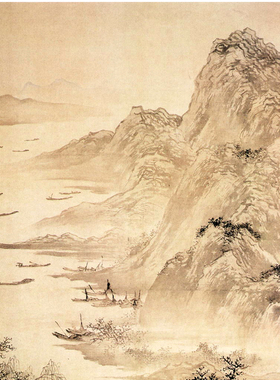 明吴伟江山渔乐图卷轴挂画仿古画