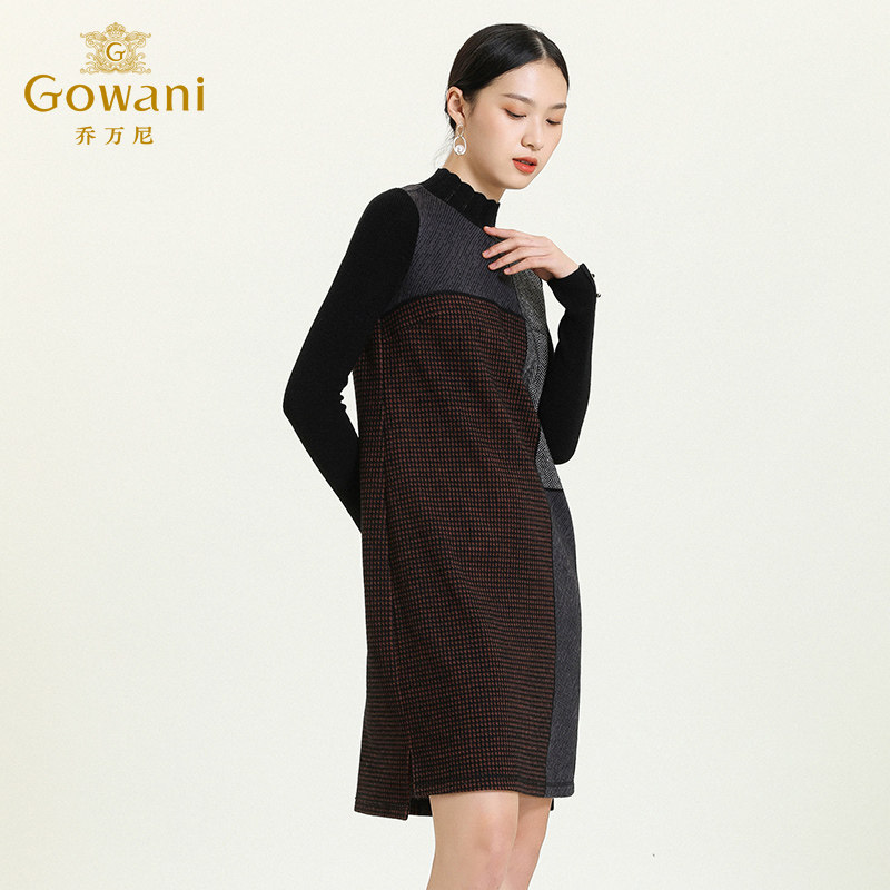 乔万尼秋冬新款艺术格纹印花花边立领设计感宽松舒适感连衣裙,淘宝优惠券,粉丝福利购,淘宝优惠卷