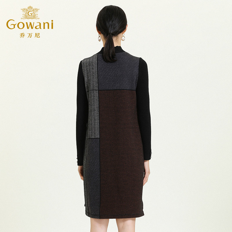 乔万尼秋冬新款艺术格纹印花花边立领设计感宽松舒适感连衣裙,淘宝优惠券,粉丝福利购,淘宝优惠卷