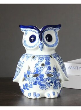 景德镇青花瓷猫头鹰新中式摆件