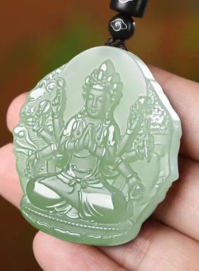 雕刻双面十二生肖玉石玉石兔青白色天然一念之间文殊新疆吊坠菩萨