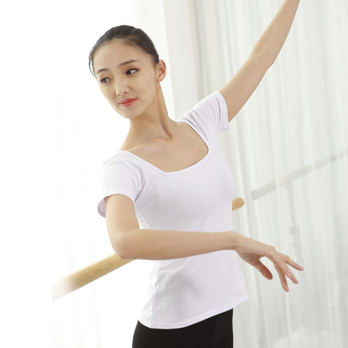 舞蹈服练功服装长袖女成人黑色方领短袖形体服跳舞衣白色修身上衣 - 图0