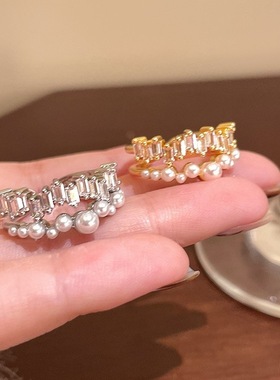 法式轻奢仿珍珠双层戒指女小众独特设计ins风S925镀银开口食指环