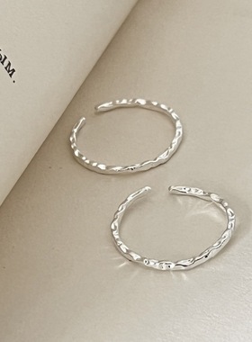 简约肌理戒指女时尚个性纹理素圈S925银开口指环叠戴气质食指尾戒