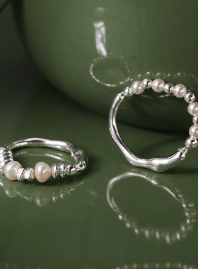 不规则仿珍珠弹力戒指女时尚个性几何S925镀银指环百搭气质食指戒