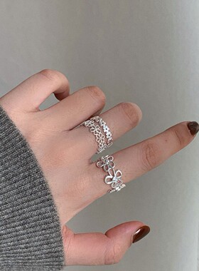 镂空拉丝花朵戒指女简约时尚气质优雅S925镀银开口指环小众食指戒