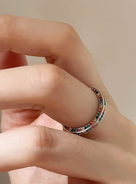 彩虹碎方块三面立体戒指女时尚简约个性日韩S925镀银开口指环食指