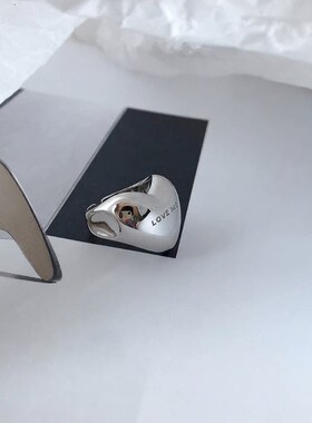 韩版S925镀银夸张心型戒指女复古时尚个性爱心字母love开口食指环