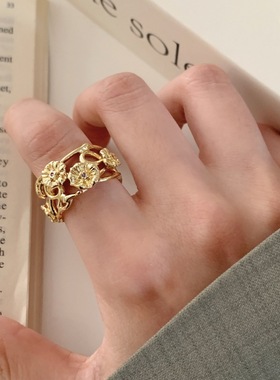 甜美镂空花朵戒指女精致优雅指尖生花百搭开口指环ins风食指戒潮