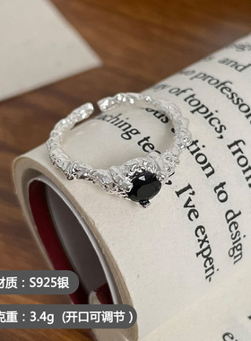 韩版S925银个性花朵戒指女复古时尚气质宝石开口指环锡箔食指戒潮