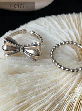 韩版S925镀银甜美蝴蝶结戒指女复古时尚圆珠开口指环气质食指戒潮