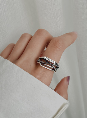 韩版S925镀银线条交叉戒指女复古字母永恒开口指环链条个性食指戒