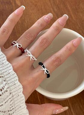 甜美蝴蝶结串珠弹力戒指女优雅气质时尚S925镀银指环ins风食指戒