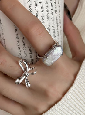 韩版方块线条蝴蝶结戒指女复古时尚不规则仿珍珠开口食指戒跨境潮